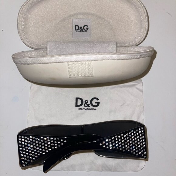 Dolce & Gabbana D&G Vintage Shield Rhinestone Metallic Silver Frame Sunglasses